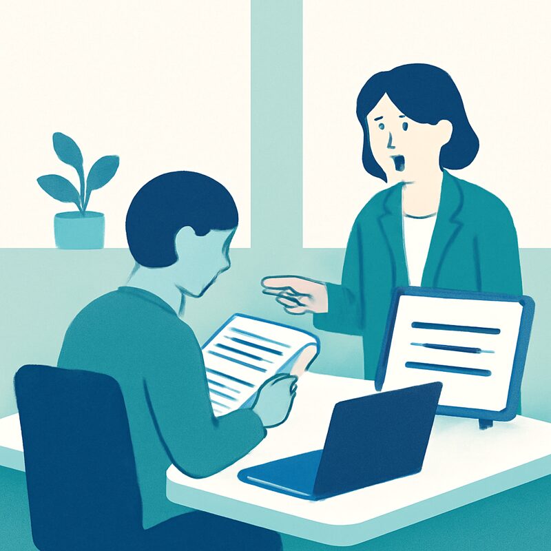 新人さんが先輩について自社の文書を学ぶ様子