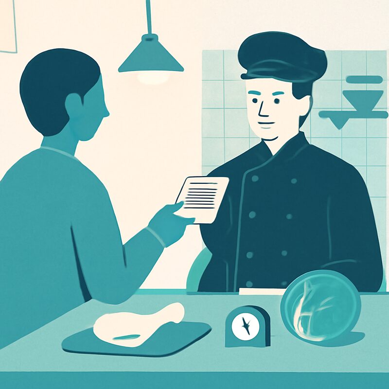 レシピを手渡された料理人が材料と仕上がりを把握する様子